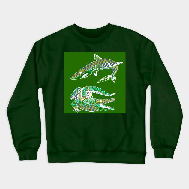 the shark and the alligator in swamp pattern fight Crewneck Sweatshirt by jorge_lebeau